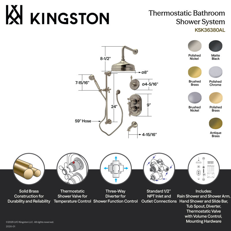 Système de douche et baignoire thermostatique Kingston, Noir mat