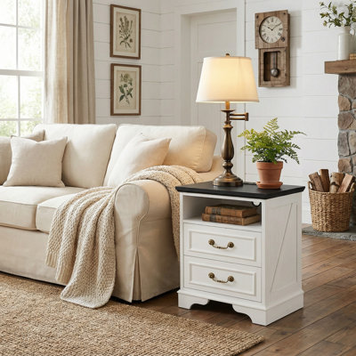17 Inches Farmhouse Modern Nightstand With 2 Drawers And Built-In Outlets