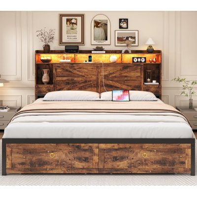Lit de rangement industriel de style ferme, de format King, avec 2 tiroirs au pied du lit et une tête de lit avec rangement, station de charge USB et secteur, éclairage RVB via application et télécommande, silencieux, sans sommier requis.