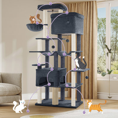 Arbre à chat, arbre à chat 78,7 po XXL avec 10 poteaux à griffer, 2 grottes, 2 hamacs, grande plateforme, brosses à chat, panier, arbre à chat robuste pour Maine Coons, grands chats, gris foncé