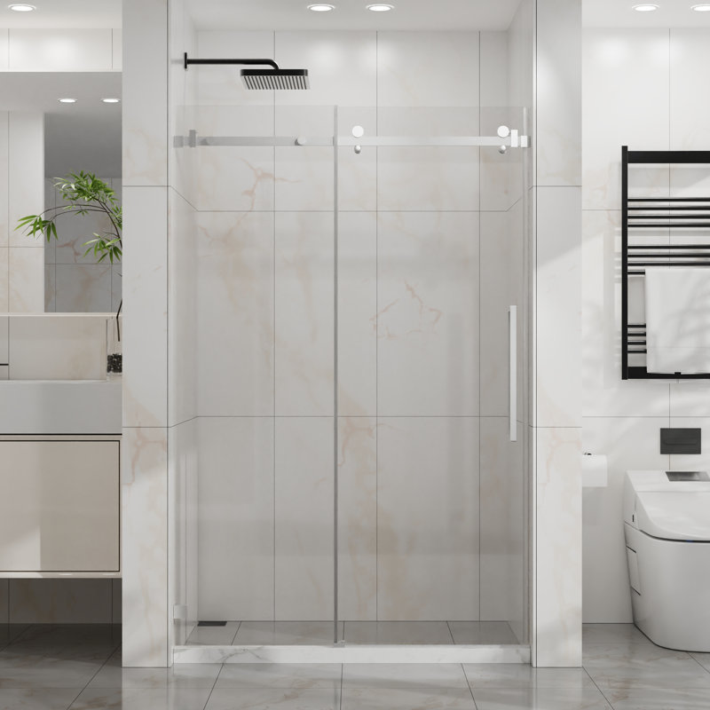 Sliding Shower Door, 48" X 72", 1/4"  6Mm  Tempered Glass, Easy - Clean, Adjustable 44 48 In W, Splash Proof Threshold, Silent Pulleys, Parts, Smooth Clear Coating, Adjustable, Reversible, Splash