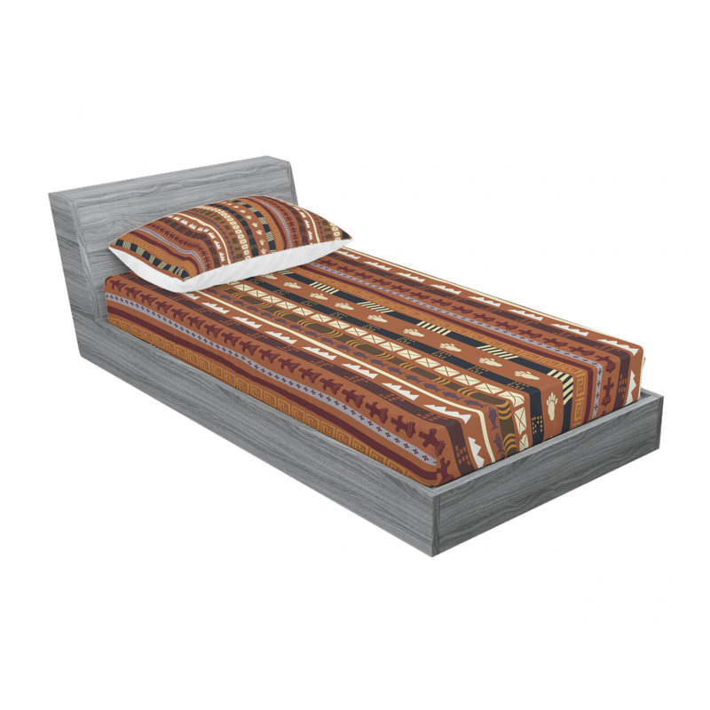 Microfiber Geometric Sheet Set, Twin XL Sheet Set with Fitted Sheet, Cultural Ornaments Striped