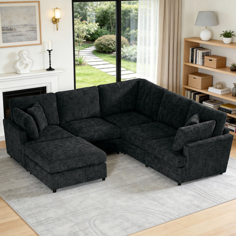 6 - Piece Reversible Modular Corner Sectional with Removable Ottoman, Black