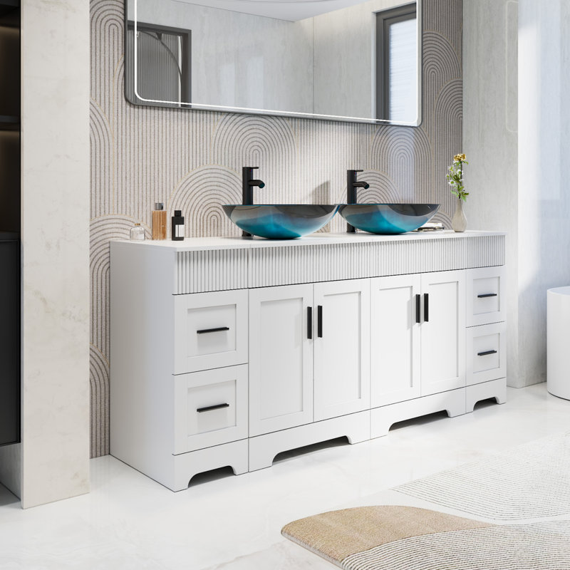 Ensemble de meuble-lavabo double 72 po avec plateau en bois manufacturé Akron, lavabos vasques, robinets et drains, peinture résistante à l'eau Akron