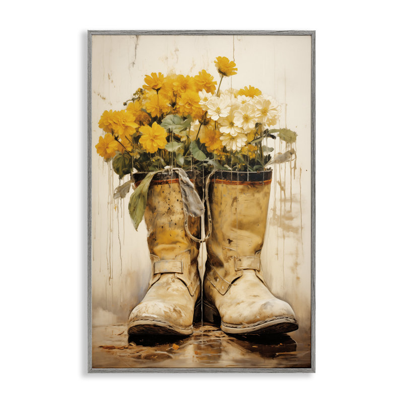 Fleurs dans des bottes de campagne robustes, giclée encadrée, design par Heidi Kuntz, H 24 po x l 16 po
