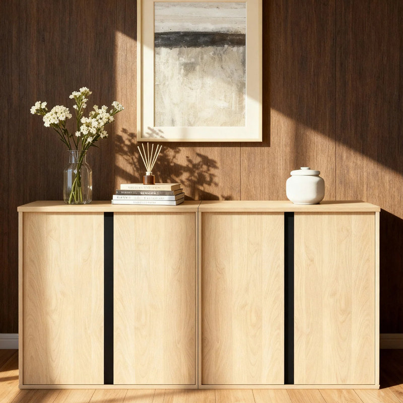 63" Modern Sideboard Buffet Cabinet With Metal Accents & Soft-Close Doors, Oak