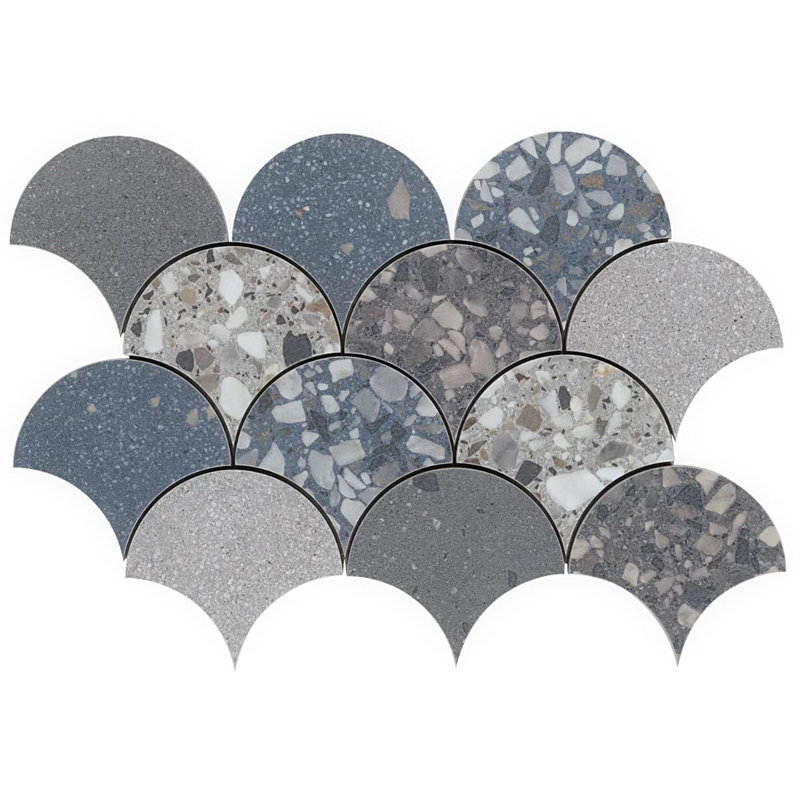Kobe Fishscale Mix 4" Terrazzo Look Matte Porcelain Mosaic Tile, Cool Blue