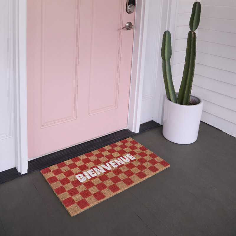 Bienvenue Red Checkered Doormat