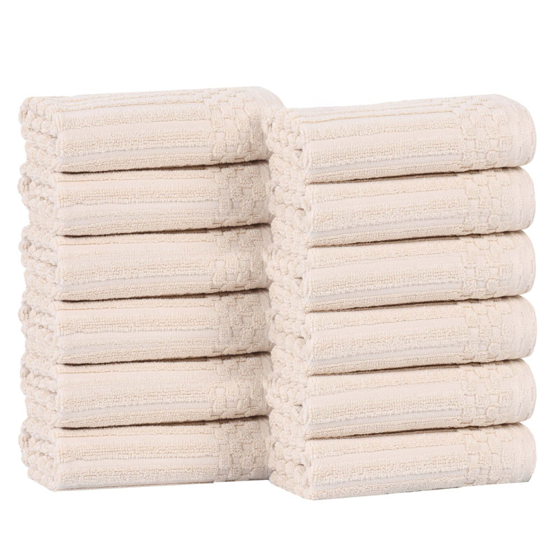 Juras Soho Cotton Ribbed Checkered Border Medium Weight Washcloths Face Towels, Ivory