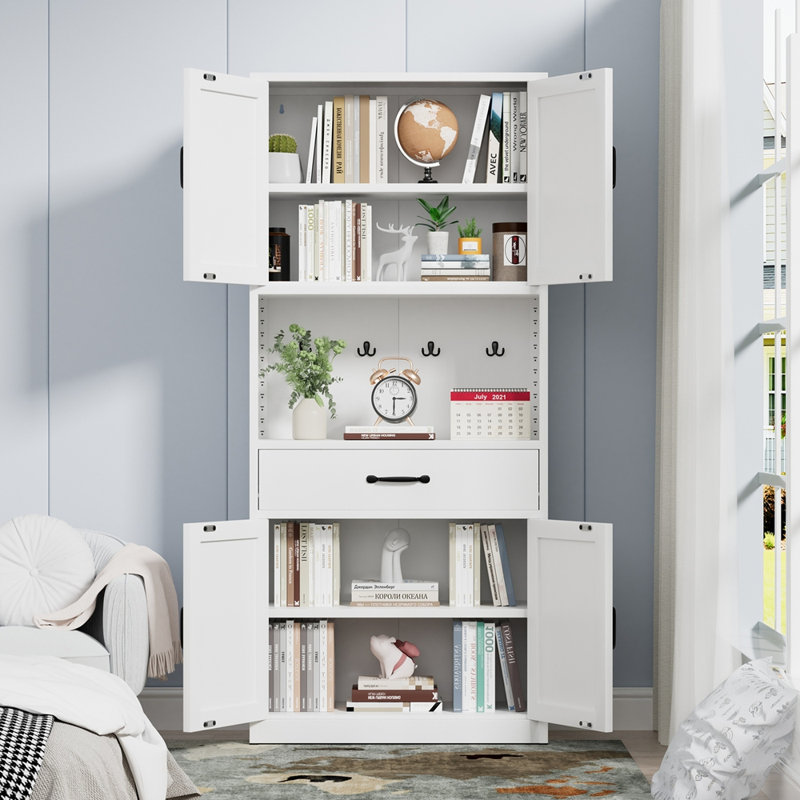 Armoire de rangement en acier blanc avec tablettes réglables, tiroirs et crochets