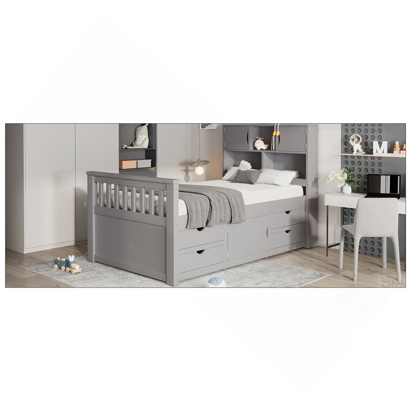 Structure de lit plateforme simple avec bibliothèques et tablettes de rangement, quatre tiroirs, gris, Grey