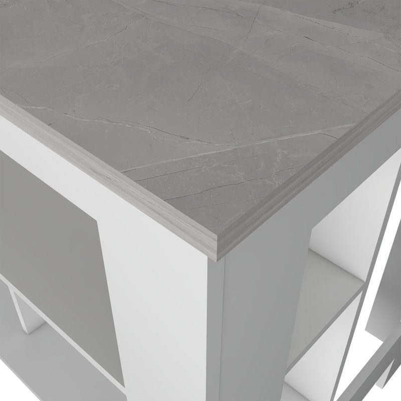 Îlot de cuisine Brooklyn, trois tablettes dissimulées, Blanc / Gris