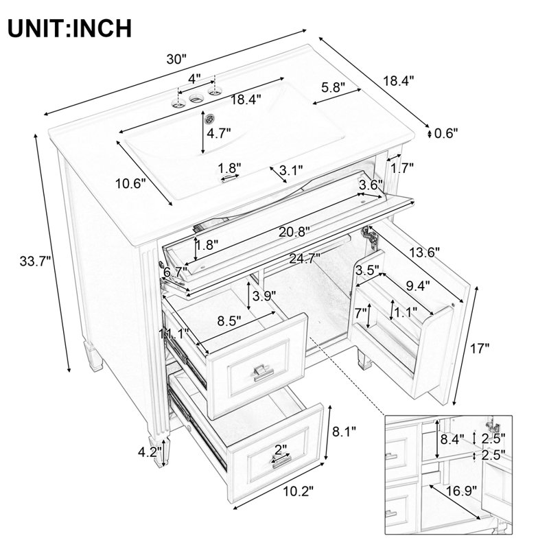 Meuble-lavabo 30 po avec lavabo, meuble-lavabo avec un tiroir rabattable et deux tiroirs, tablette réglable, bois massif et panneau de fibres à densité moyenne