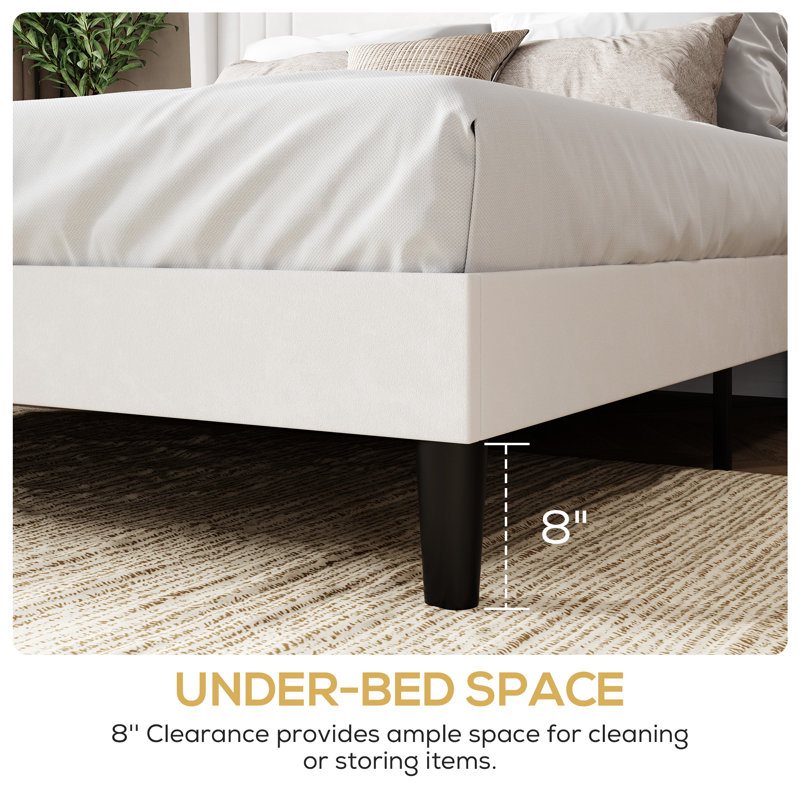 Low-Profile Velvet Upholstered Platform Bed with Wingbacks, Full, White