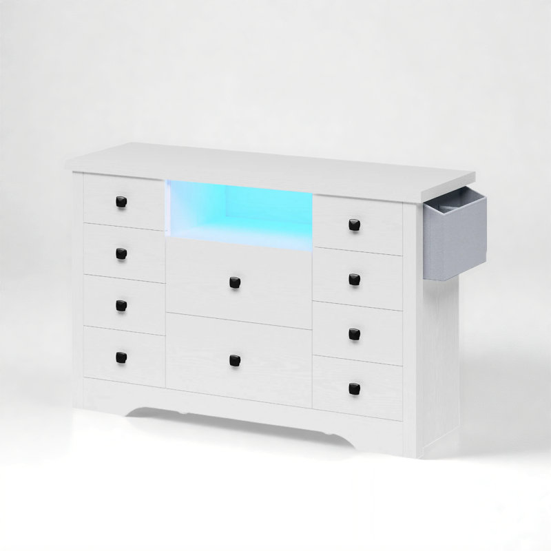 10-drawer 47.2" W Dresser With led lights and power outlets, Wooden chest of drawers With Fabric side pocket, Tv stand for bedroom Living room