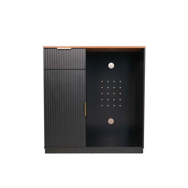 Armoire à bar cannelée avec espace réfrigérateur, mini armoire réfrigérateur avec tiroir à vin, table de buffet avec prise de courant pour la cuisine, noir