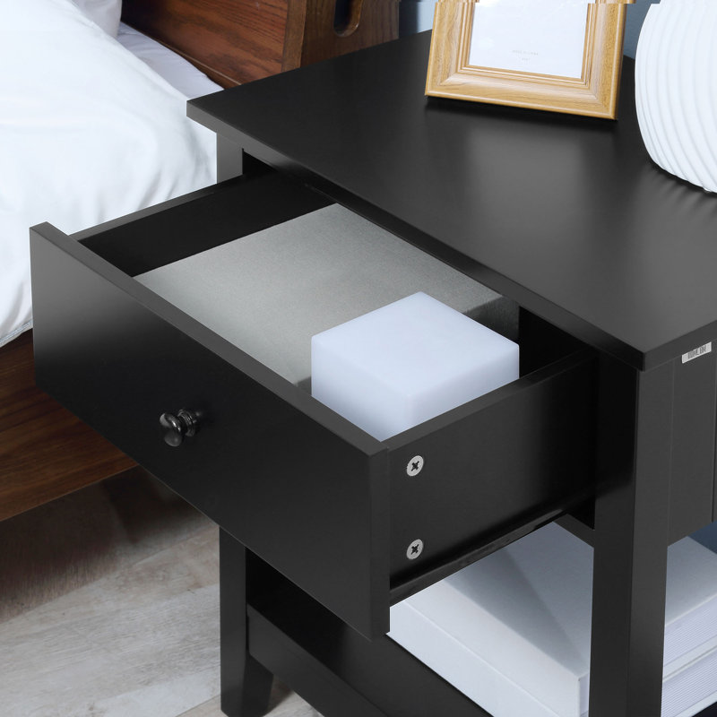 Table d'appoint à 2 niveaux avec tiroir et tablette de rangement, table d'appoint moderne, Noir, 1