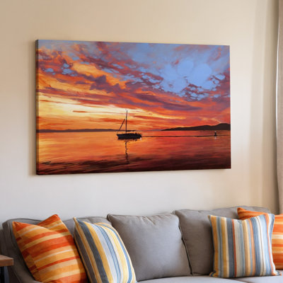 Sailboat At Sunset Orange Sky Sea Nature Landscape Decor Canvas Wall Art Print For Living Room, Bedroom, Office, Hallway, Entryway, Gallery Wall And Modern Home Decor