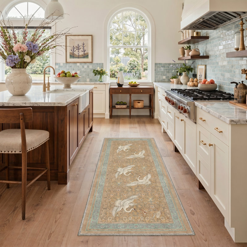 Alfred Crane Vista Vintage Machine Washable Beige / Yellow Indoor Area Rug with Non-Slip Backing, Runner 2'6" x 8'