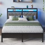 Bed Frame with Storage Headboard, Metal Platform Bed Frame with RGB Lights & Outlets