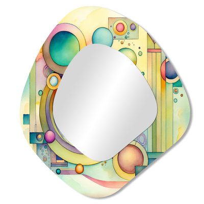 Pastel Watercolor Art Deco I - Geometric Unique Shape Mirror, Green Asymmetrical Decorative Wall Mirror, Printed Metal Art