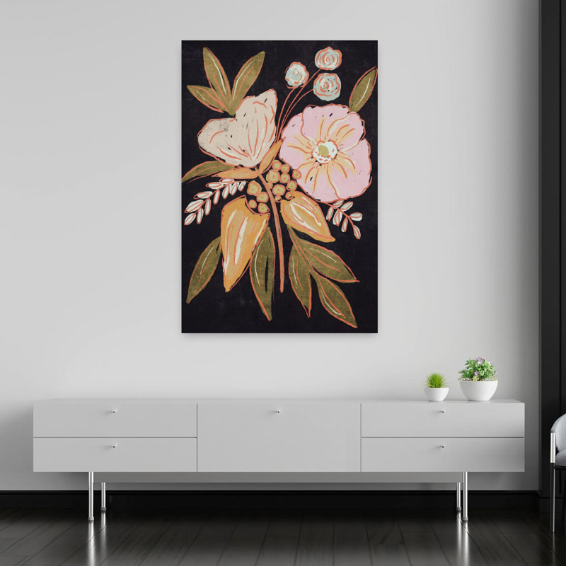 Art mural rétro moderne, floral et noir, 60" H x 40" W