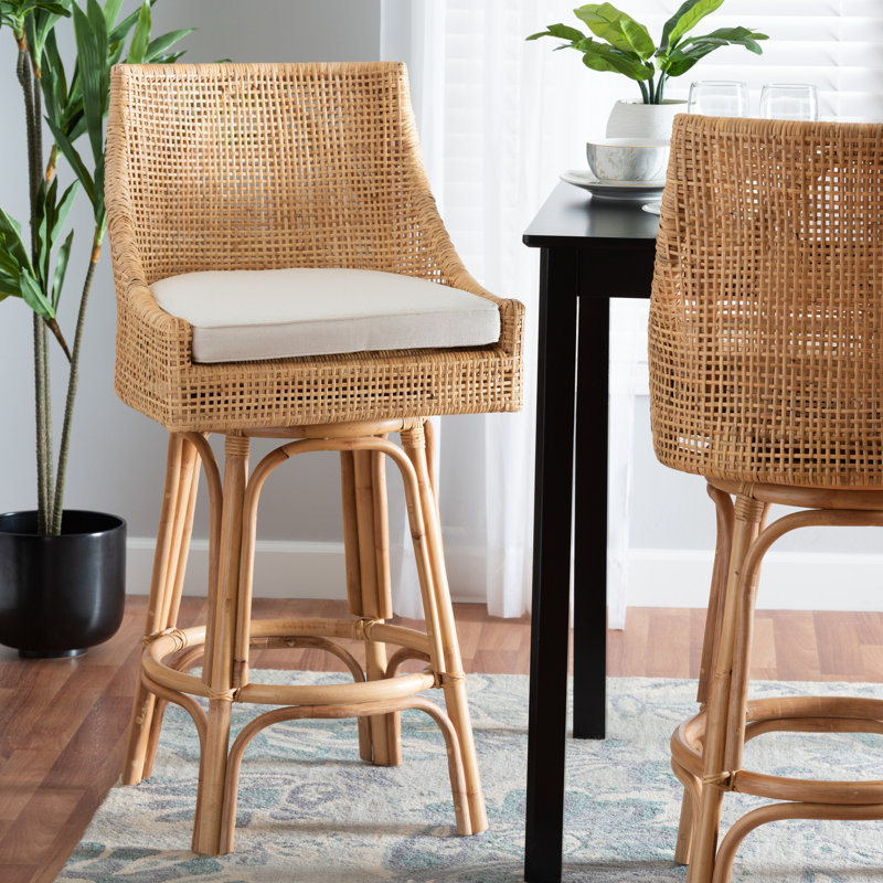 Bella Natural Brown Rattan Swivel Bar Stool with Cushion