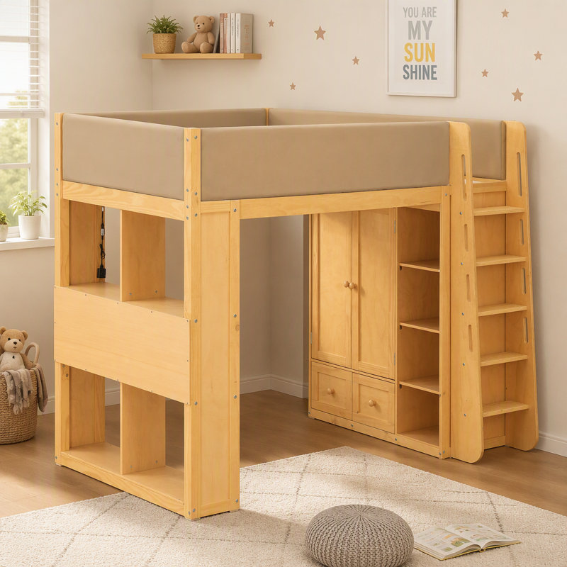 Lit mezzanine simple en bois massif avec barrières de sécurité entièrement recouvertes de cuir PU rembourré, Bois