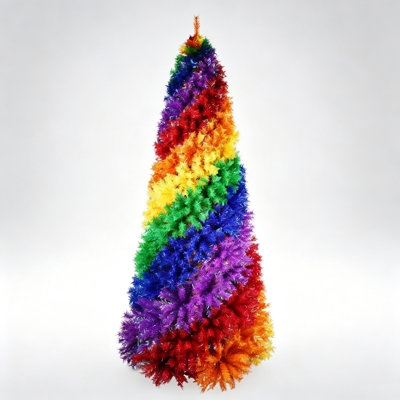 9 Foot Rainbow Spiral Artificial Christmas Tree with 2341 PVC Branch Tips, Bright Rainbow Colored Foliage, Hinged Branches and Solid Metal Stand for Indoor Festive Display