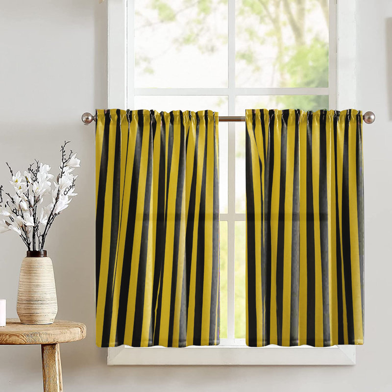 Yellow and Black Striped Cotton Kitchen Tier Curtains