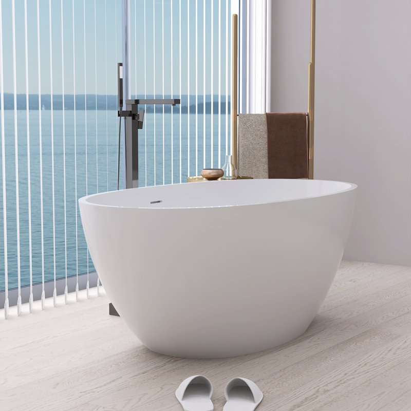 Baignoire autoportante à surface solide de 55 pouces avec bonde, Blanc mat