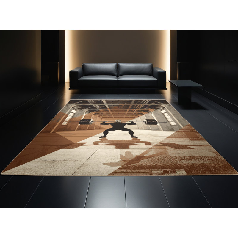 Machine Washable Marvale Para Powerlifting Industrial Rug in Brown – Beige Binding, 5x7