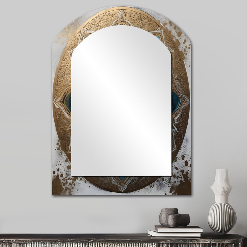 Blue And Gold Mandala III - Boho Mandala Asymmetrical Unique Mirror, Blue Arch Large Wall Mirror, Printed Metal Art
