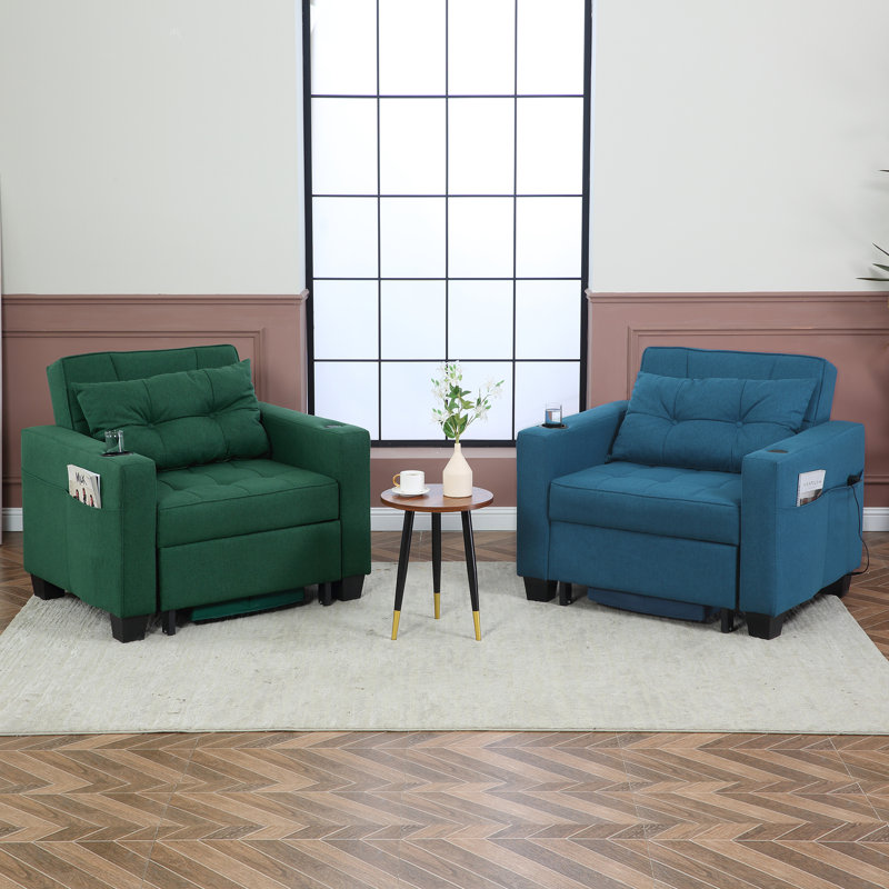 Upholstered Convertible Backrest Single Sofa Bed Accent Chair, Blue