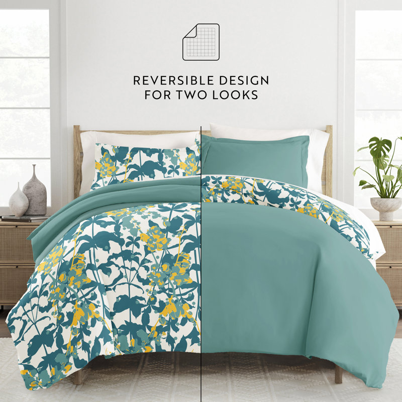 Teal and White Floral Reversible Queen Duvet Cover Set