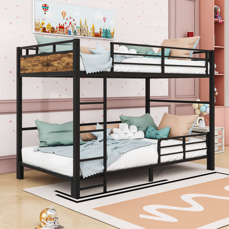 Metal Bunk Bed With Safety Rai, Vintage Wood, Extra Long Twin Over Extra Long Twin