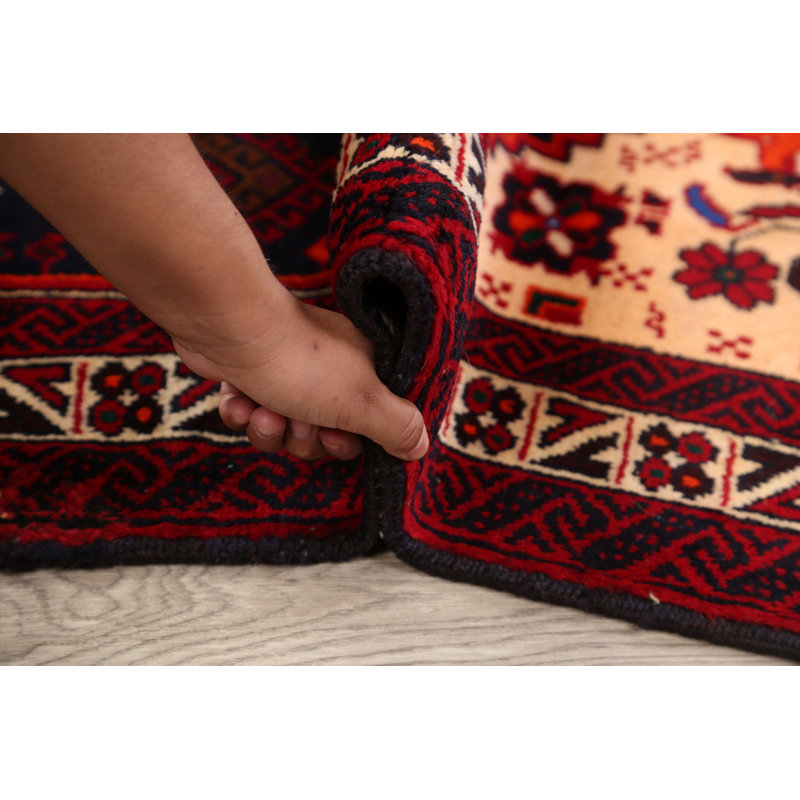 Tapis décoratif en laine noué à la main de conception unique New Age Balouch rouge/Ivoire 3 pi 5 po x 6 pi 1 po