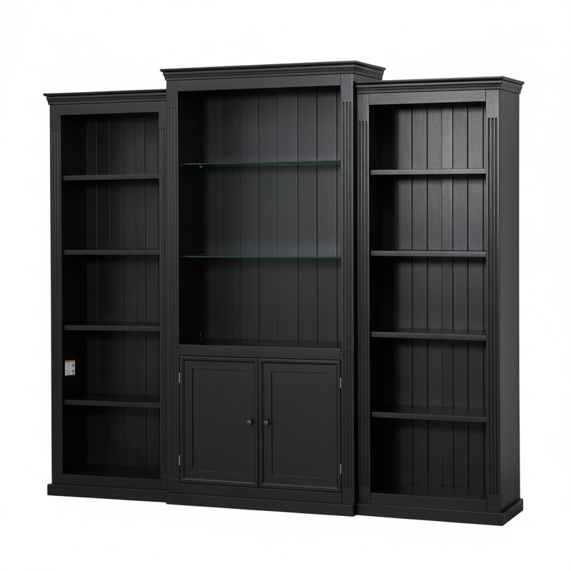3-Pieces 78.75''Tall Bookcase 4-Tier Display Cabinet With 5 Colors Adjustable LED Ceiling Light, Black