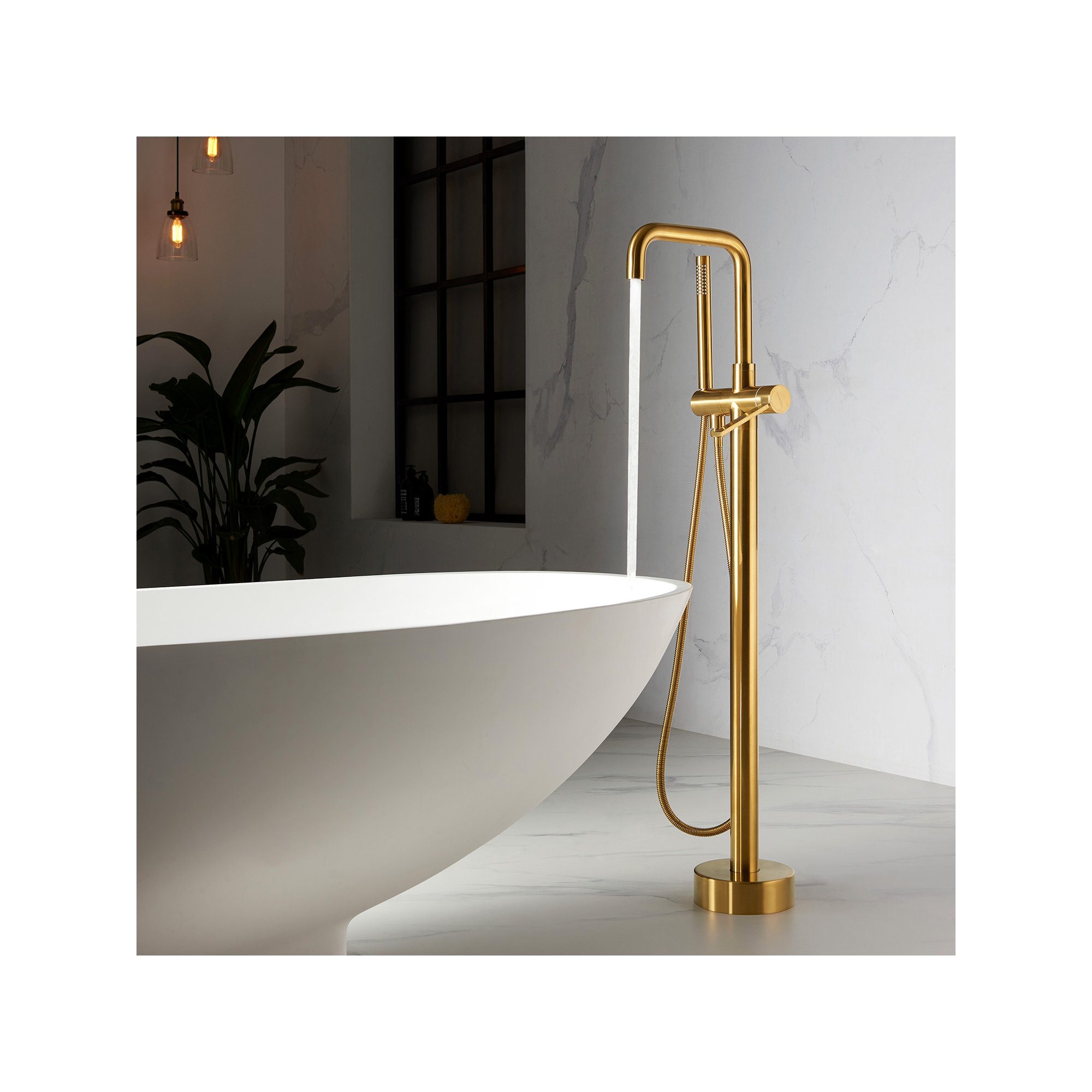 Delara Bathroom Freestanding Tub Filler with Diverter, Brushed Gold