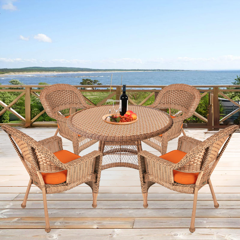4 - Person Patio Dining Set with Round Table , Cushions Included, Honey, Orange