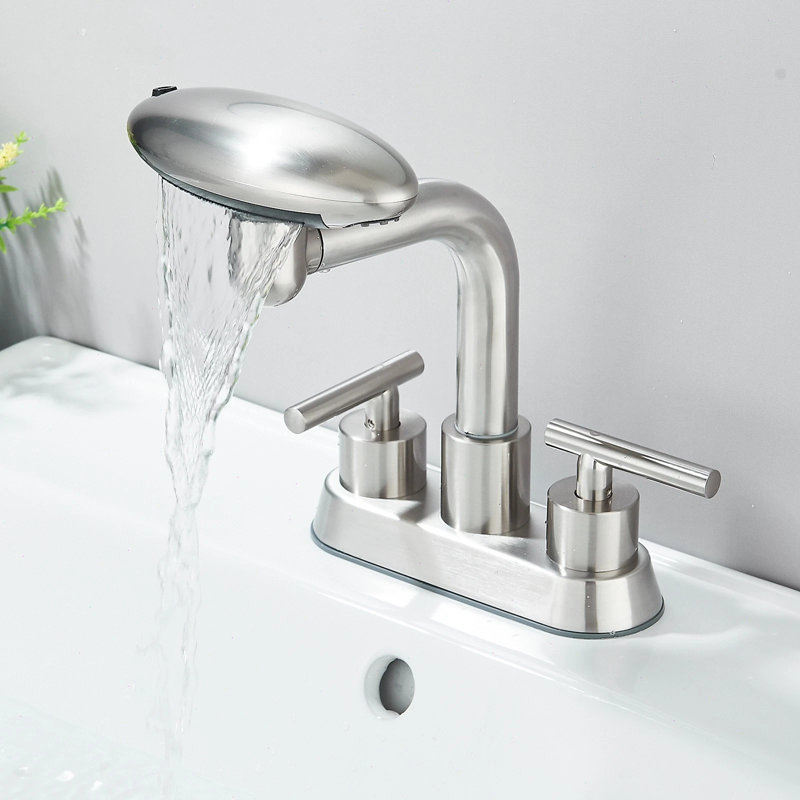 Robinet de lavabo pour salle de bain en nickel brossé, robinet à cascade 4 modes 4 pouces, 2 poignées avec bec pivotant à 360 ° et bonde escamotable