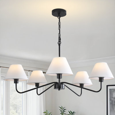 5-light Modern Chandeliers With White Fabric Shade, 31.5" Farmhouse Chandeliers For Dining Room, Height Adjustable Pendant Light For Kitchen Island Bedroom Entryway Foyer