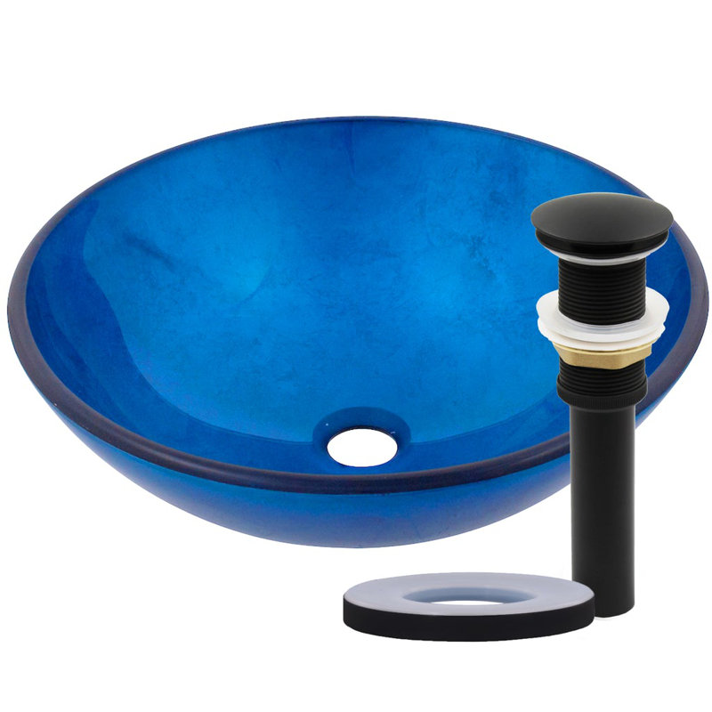 Novatto 16.5'' Blue Glass Circular Bathroom Sink, Matte Black