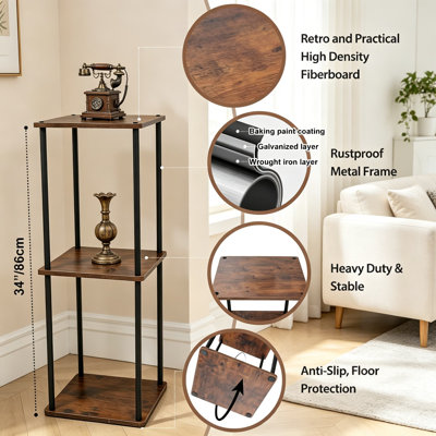 Plant Stand Indoor Outdoor, 3 Tier Metal Plant Shelf Tall Pedestal Stand with Multiple Planter Support Rack for Corner Living Room, Balcony, Garden Patio, Retro Brown, 34 Inch