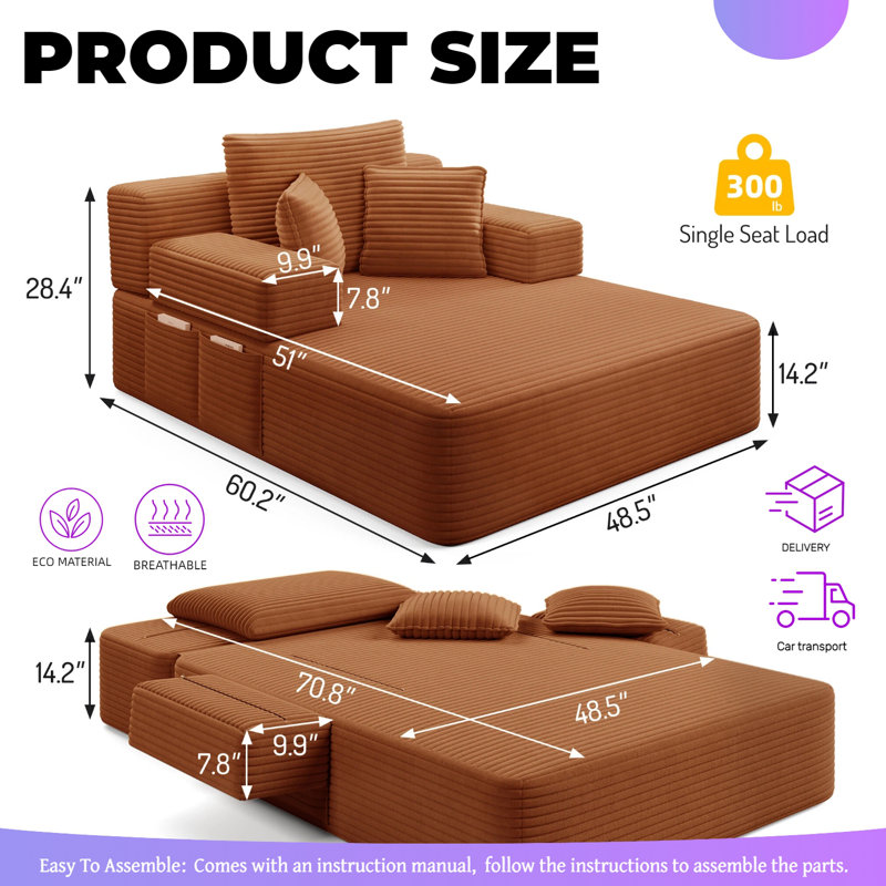 Chaise longue convertible Resta en velours côtelé duveteux avec poches de rangement et 3 coussins, Orange