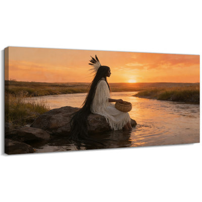 Art amérindien sur toile, coiffe de plumes de décor indien, coucher de soleil sur toile, peinture prête à accrocher de qualité musée, affiche rustique pour salon, chambre à coucher, œuvre d'art murale, 12 po x 24 po