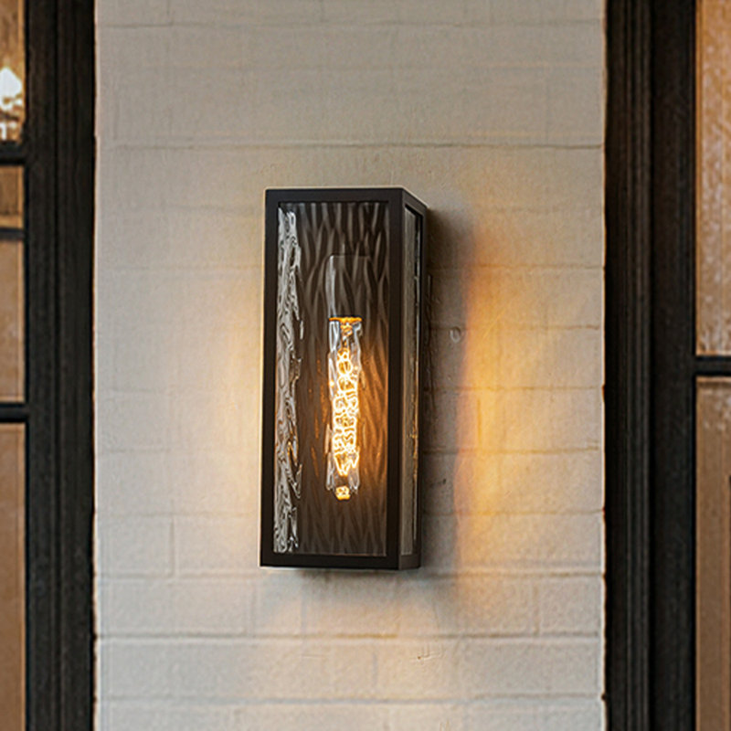 H13" 1-light Modern Black Outdoor Wall Sconce With Water Ripple Glass And Dusk To Dawn Sensor Open Bottom Exterior Waterproof Porch Light Fixture For Garage Patio