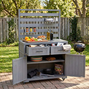 Îlot de cuisine en bois avec 3 tablettes mobiles et 2 tiroirs pour la préparation de barbecue en plein air et l'utilisation d'un banc de rempotage