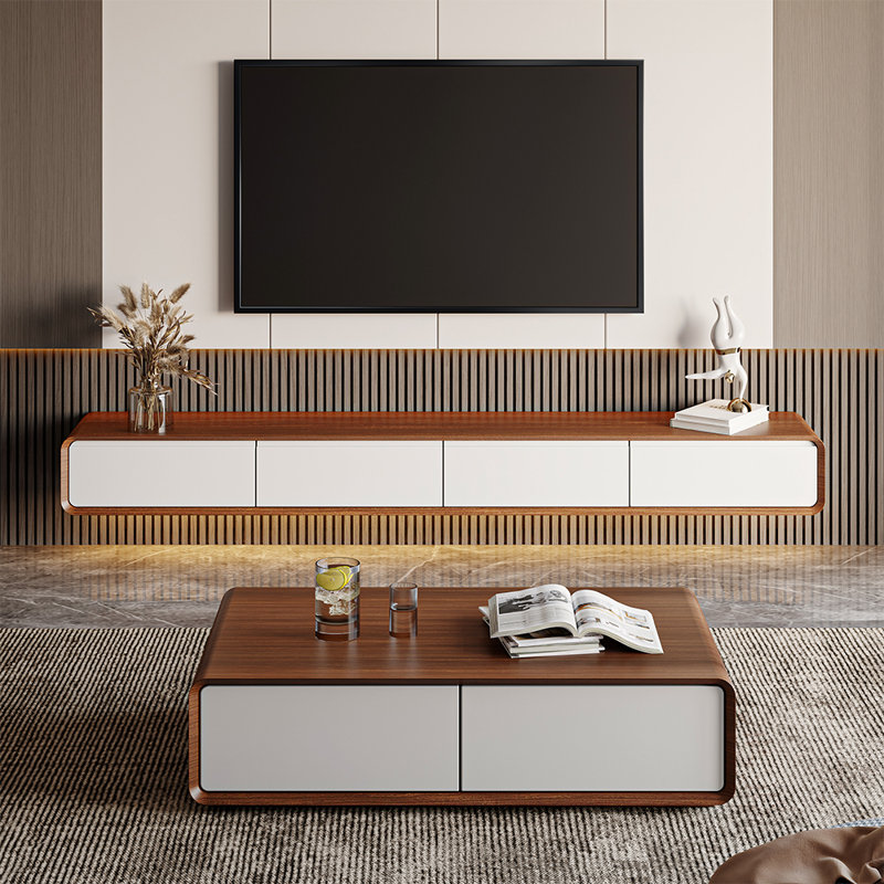 Floating TV Stand, Modern Wall-Mounted Entertainment Center with 3 Drawers, Solid Wood, Walnut Venee, Dark Wood/White