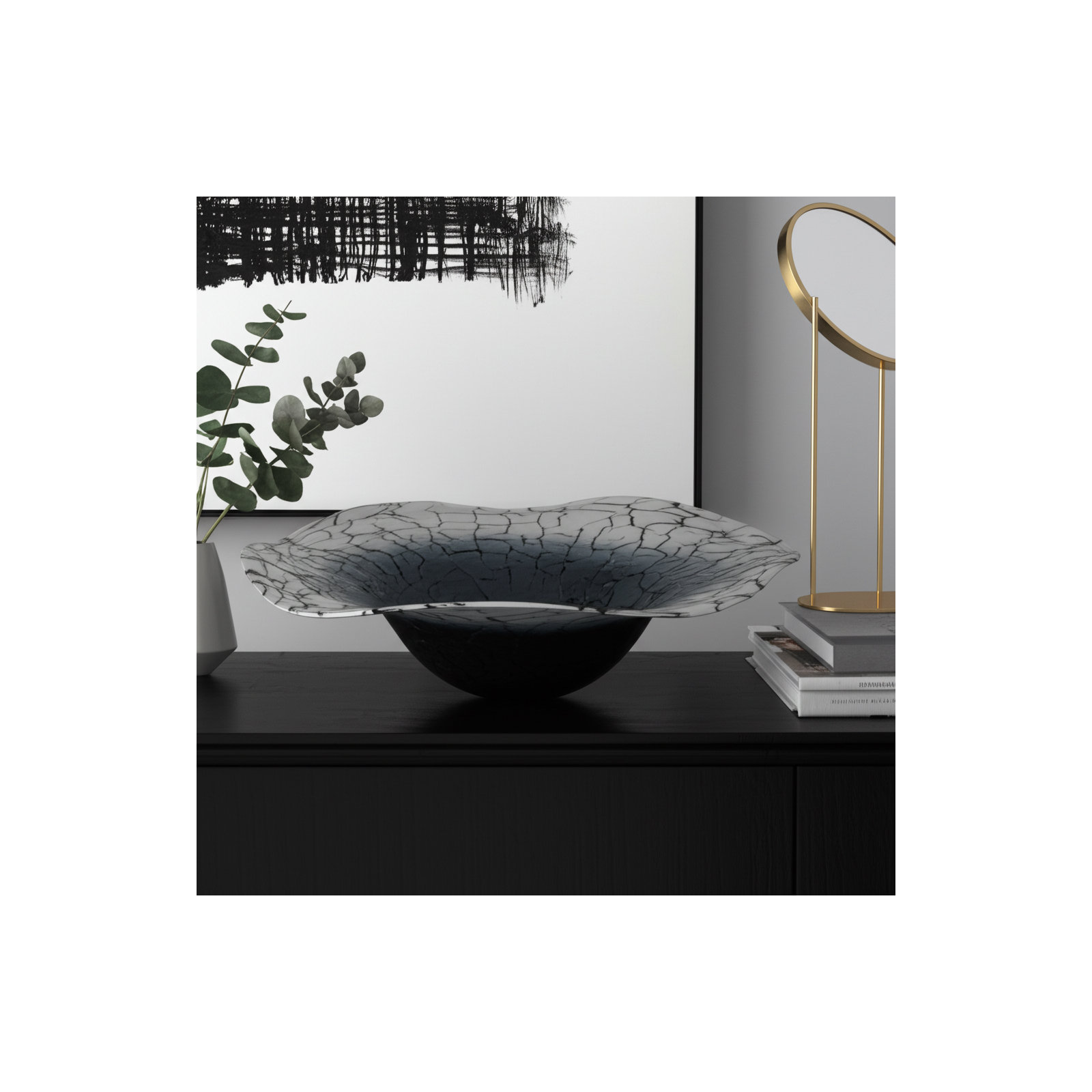 12X12" Abstract Glass Bowl With Veining, White/Black